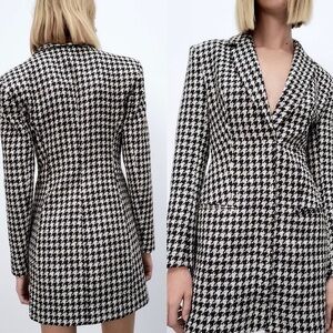 Zara Houndstooth Tweed Blazer Dress Black White XS